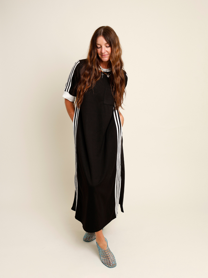 casual varsity stripe black midi dress