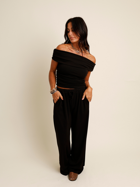 black off the shoulder top and pants set 