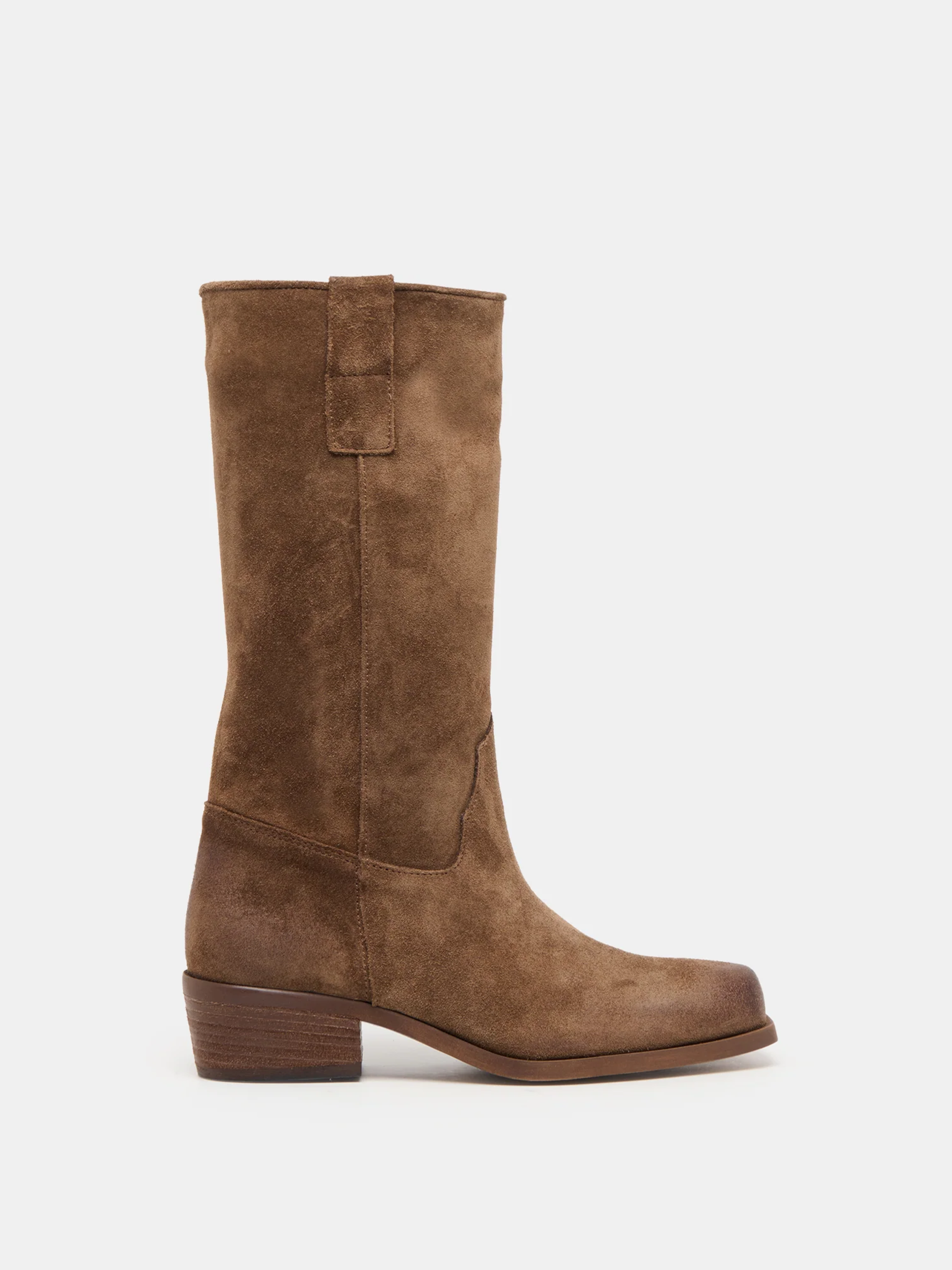 Chocolate brown suede mid-calf boot with block heel and pull tab