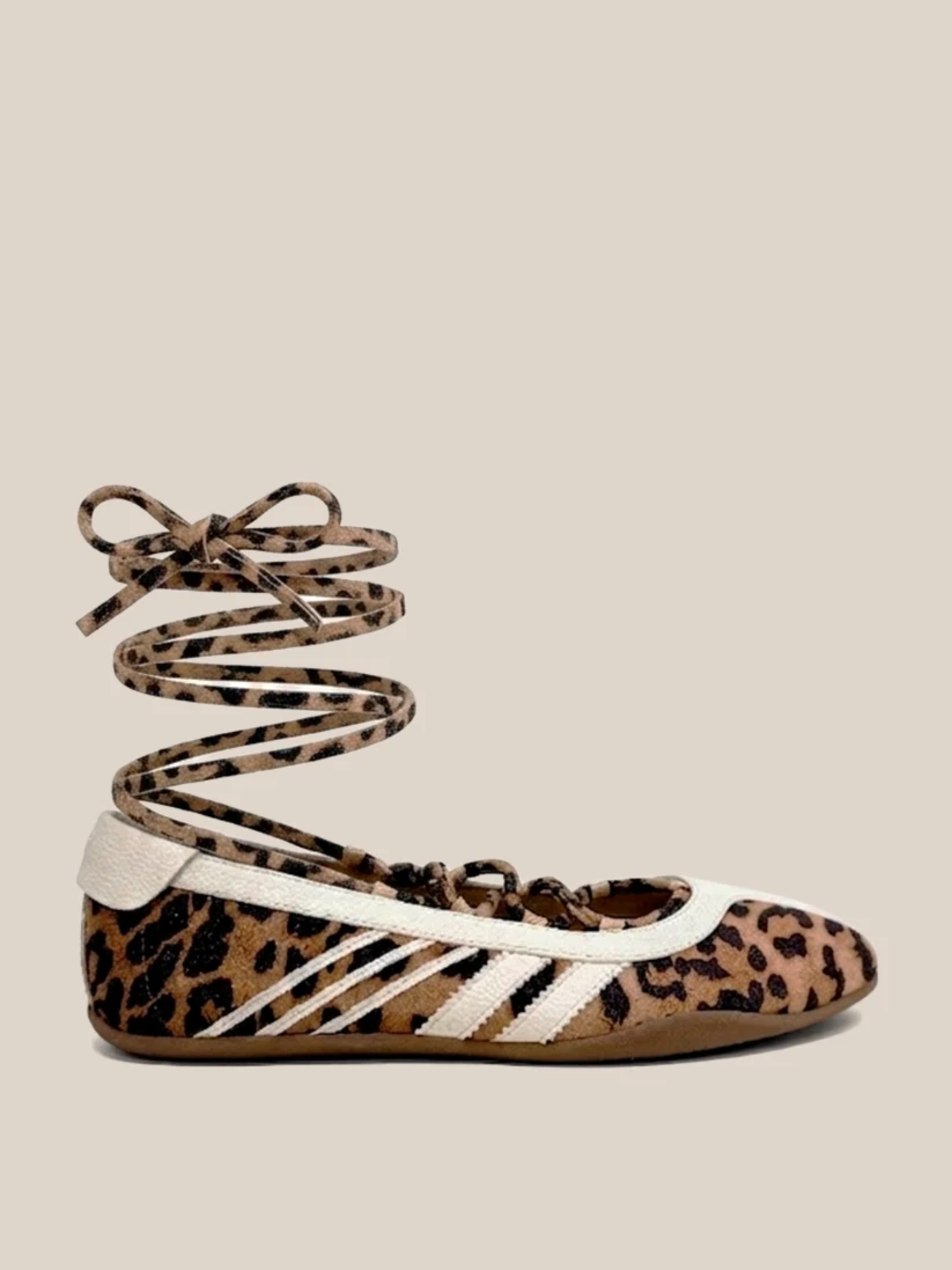 Leopard print lace-up ballet flat with white stripe detail and ankle wrap ties