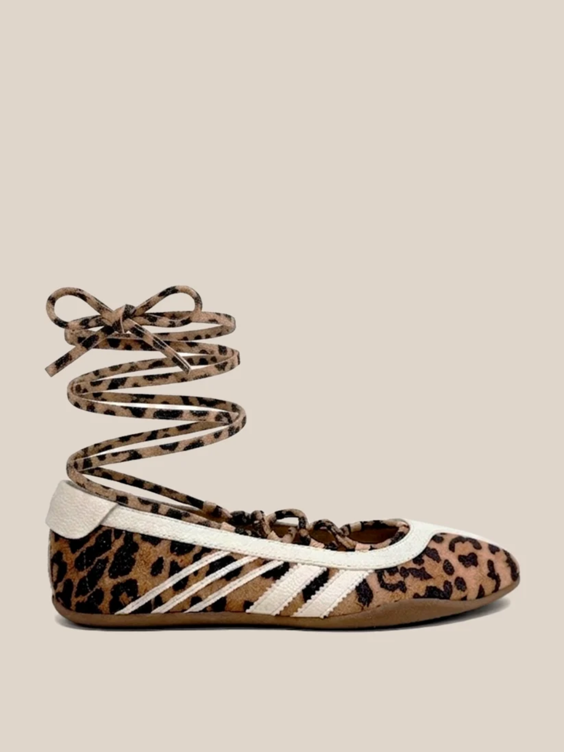 Leopard print lace-up ballet flat with white stripe detail and ankle wrap ties