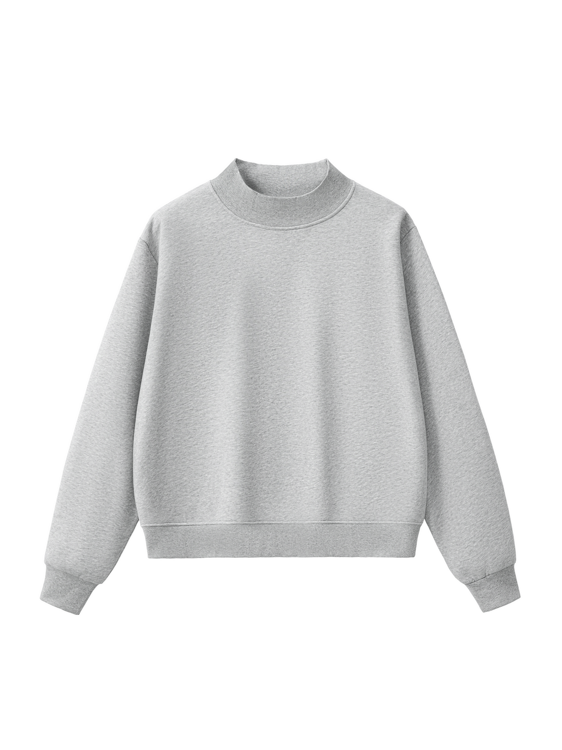 Heather gray mock neck sweatshirt with long sleeves and ribbed cuffs and hem.