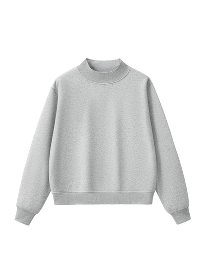 Heather gray mock neck sweatshirt with long sleeves and ribbed cuffs and hem.