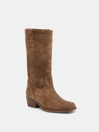 Tall chocolate brown suede western boot with block heel and pull tab