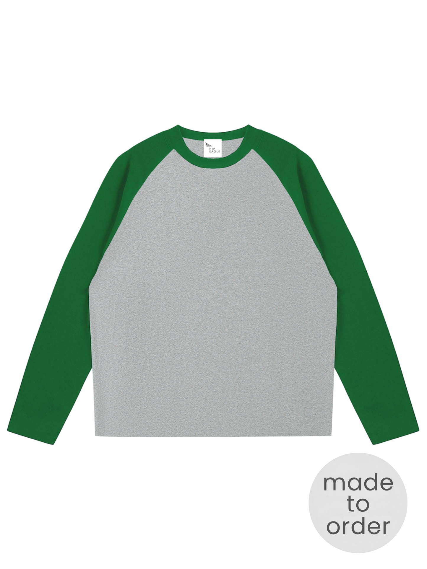 Unisex raglan long sleeve tee with heather gray body and green sleeves