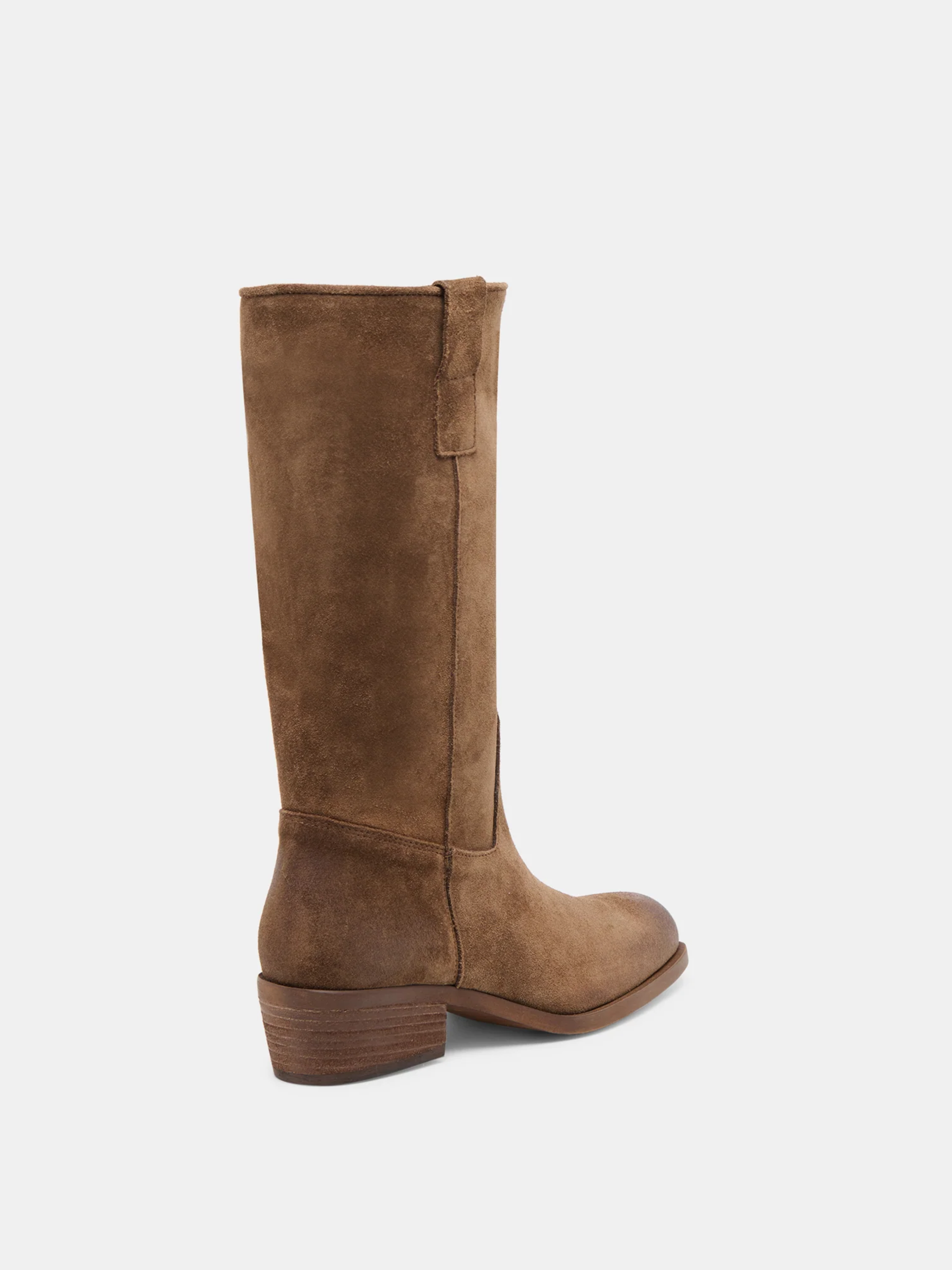 Tall chocolate suede boot with block heel, back tab, and pull-on silhouette