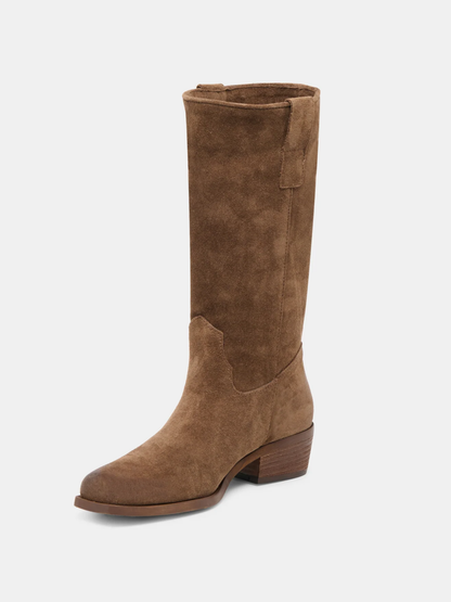 Knee-high chocolate brown suede boots with block heel and Western-inspired stitching