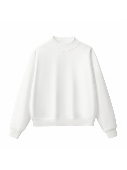 White mock neck sweatshirt with long sleeves and ribbed cuffs and hem.