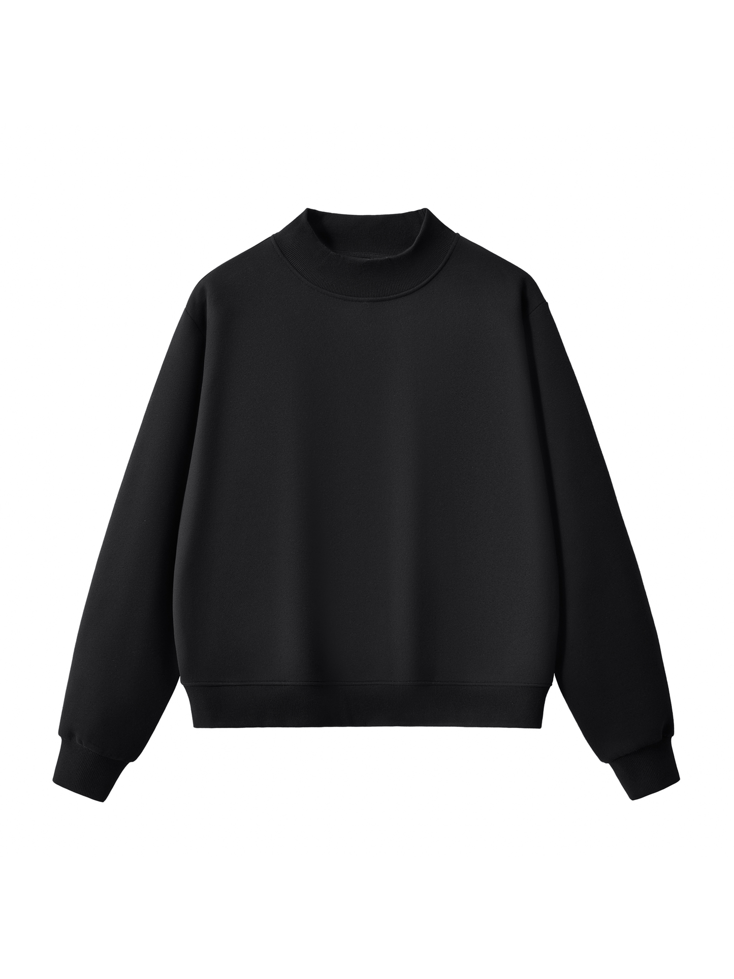 Black mock neck sweatshirt with long sleeves and ribbed cuffs and hem