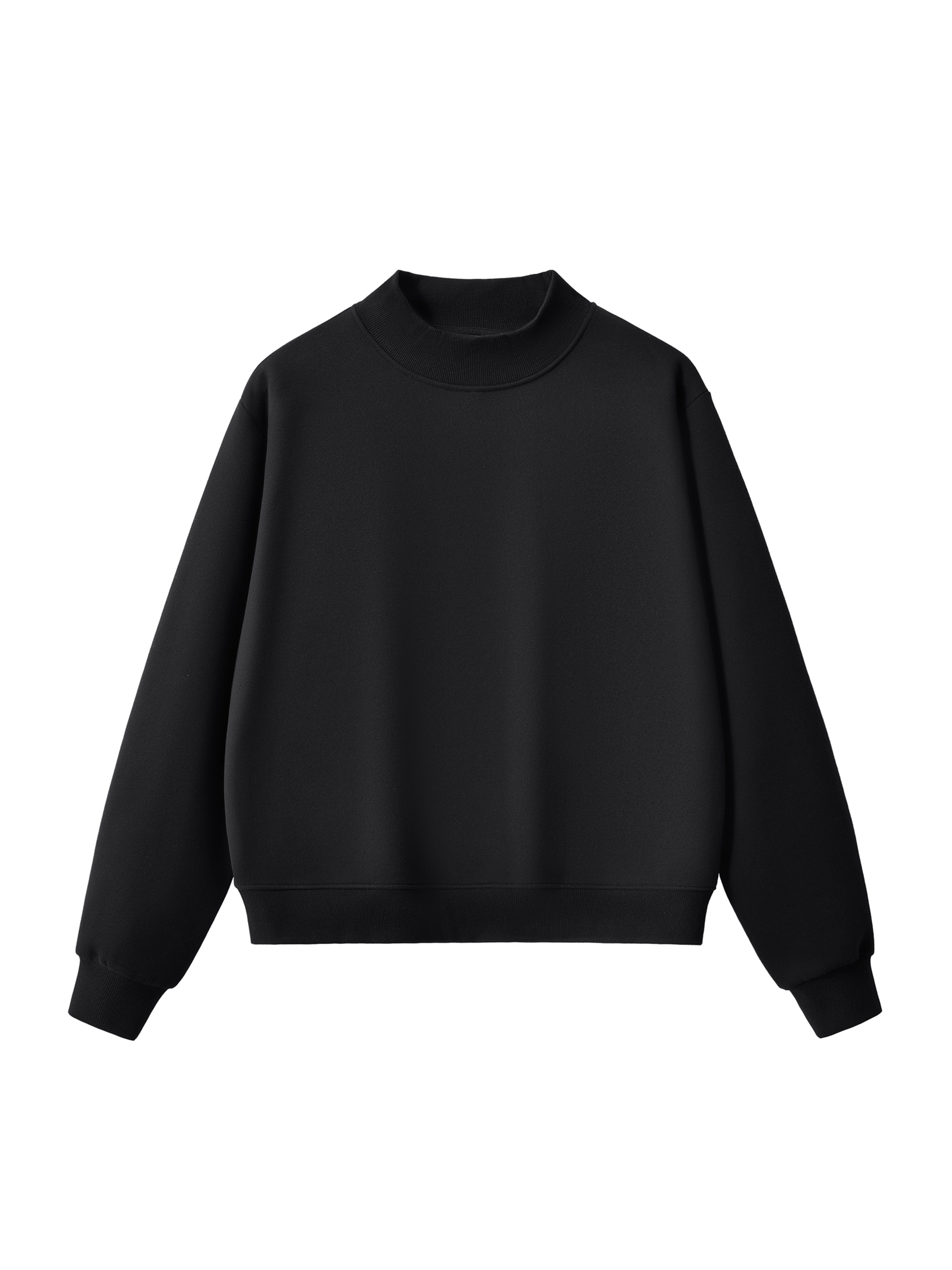 Black mock neck sweatshirt with long sleeves and ribbed cuffs and hem