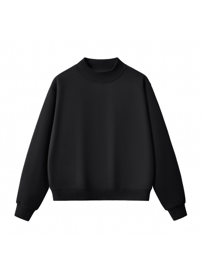 Black mock neck sweatshirt with long sleeves and ribbed cuffs and hem