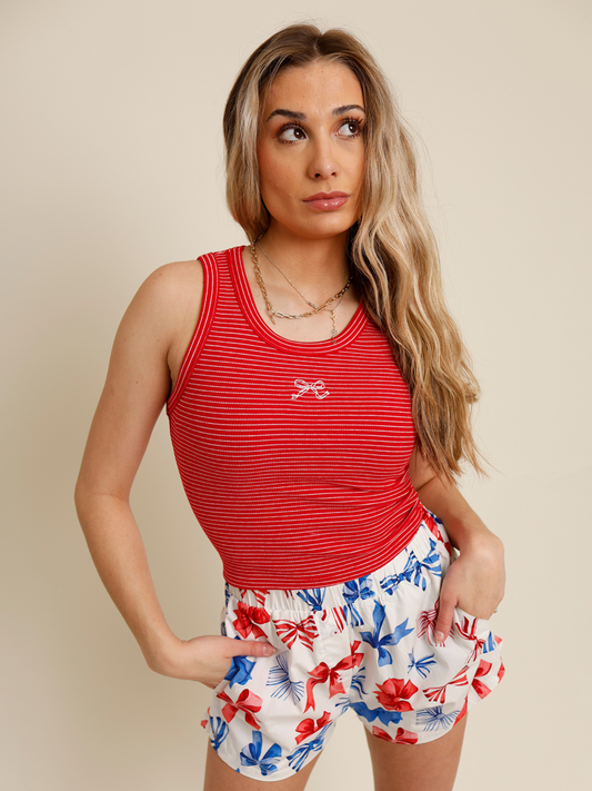 coquette red and white striped bow ribbed tank