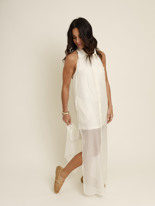 Cream button up collared midi dress
