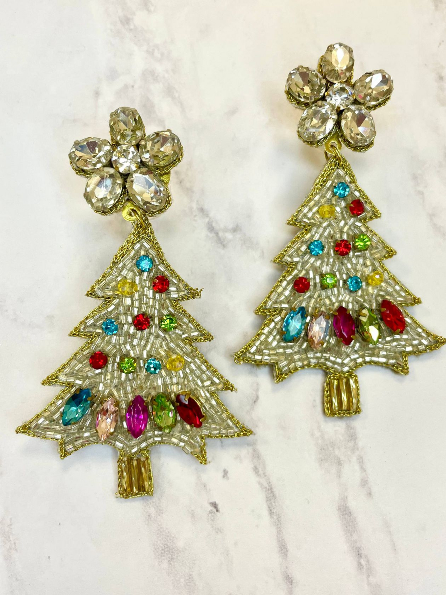 BEADED COLORFUL STONE CHRISTMAS TREE EARRINGS