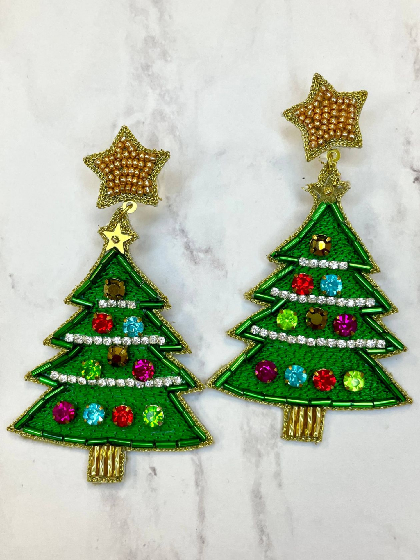 BEADED GREEN COLORFUL CHRISTMAS TREE EARRINGS