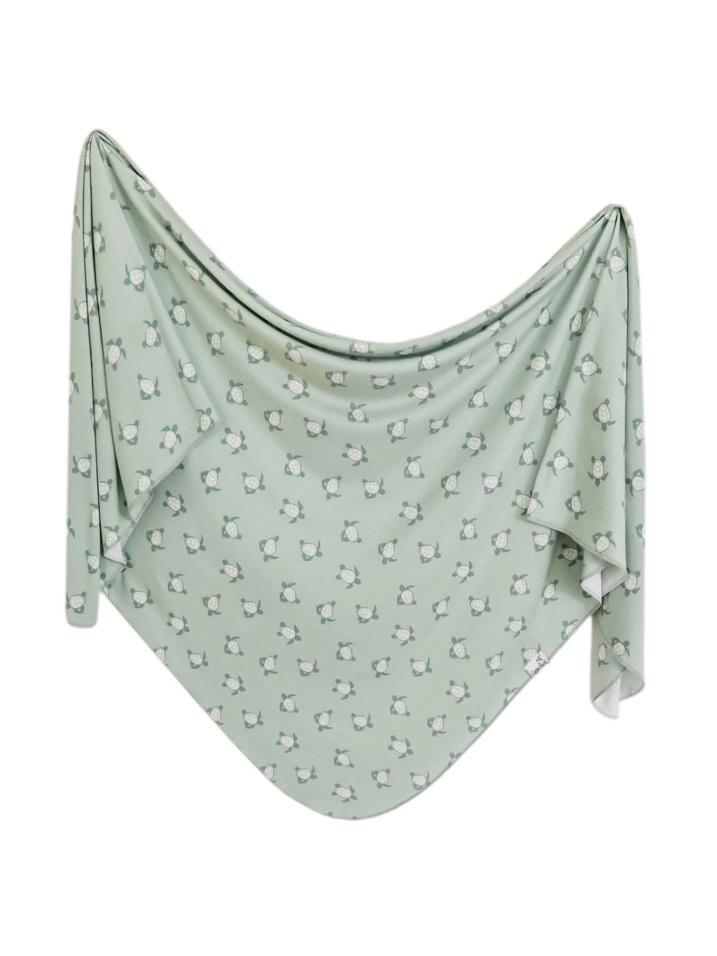 Sage green knit swaddle blanket with small turtle print pattern