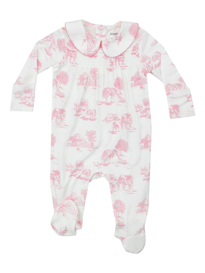 FARM TOILE PINK SMOCKED PETER PAN FOOTIE