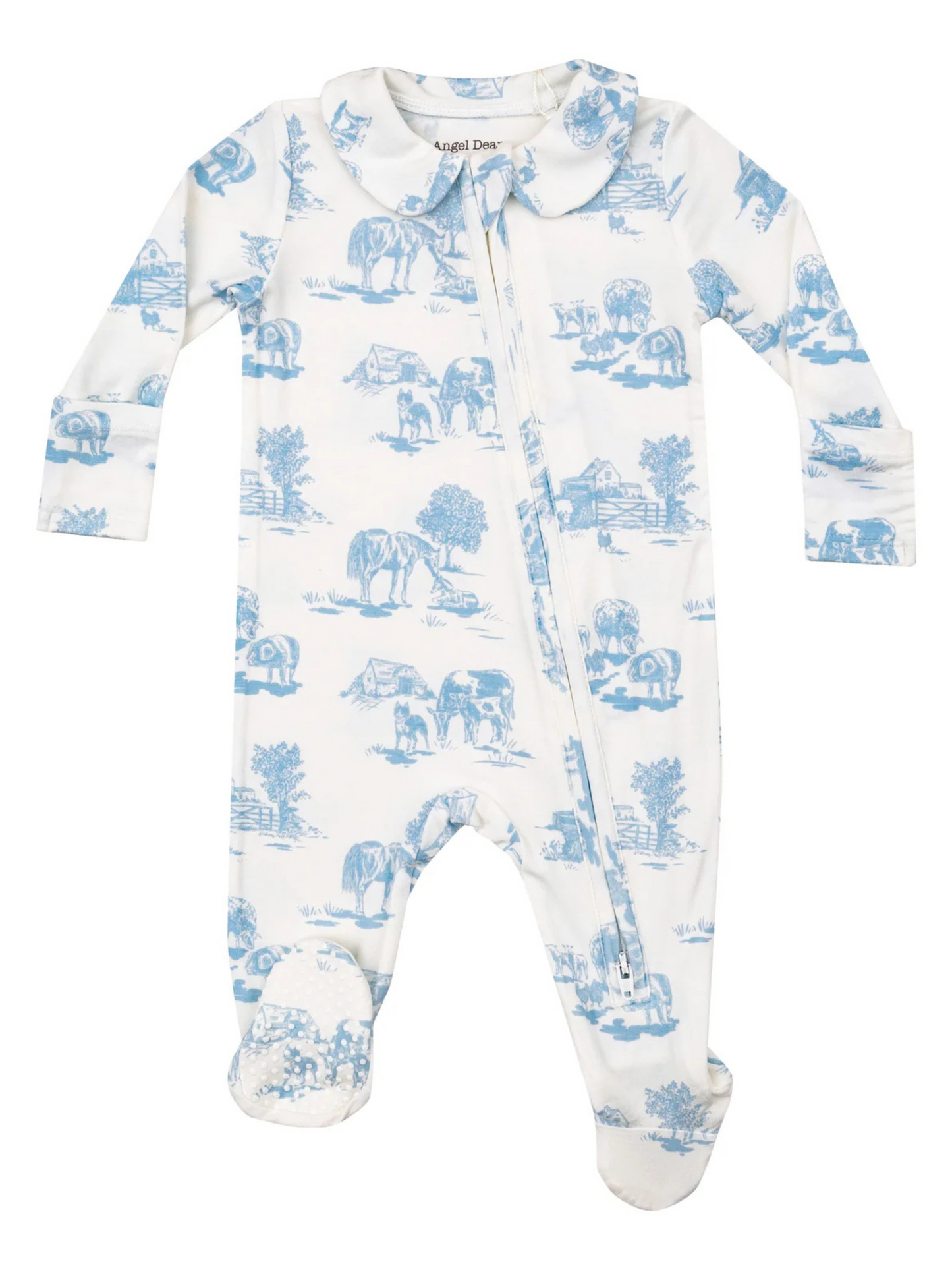 FARM TOILE BLUE 2 WAY ZIPPER FOOTIE