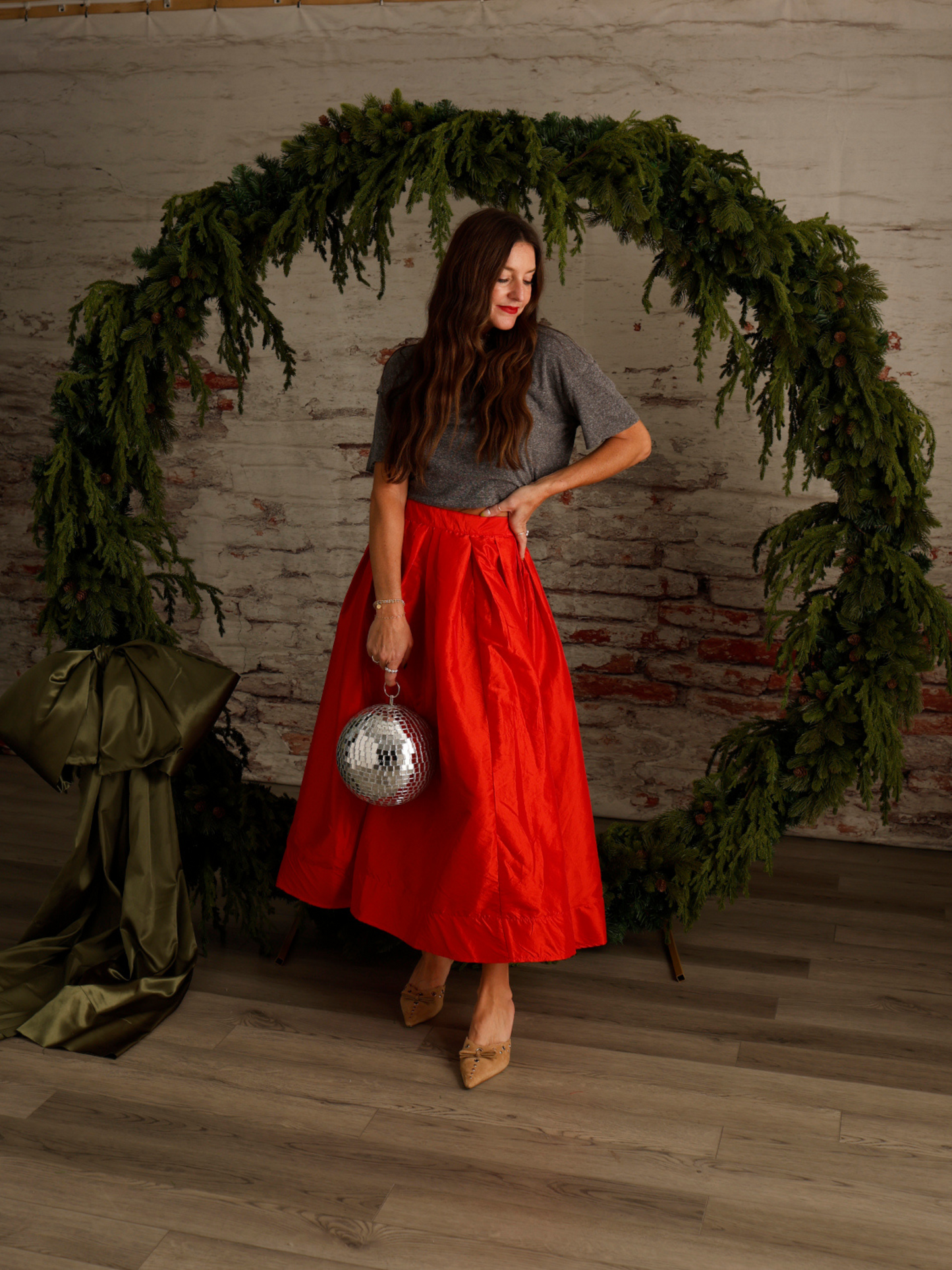 FREE PEOPLE EMILIA PLEATED A-LINE SKIRT X RED