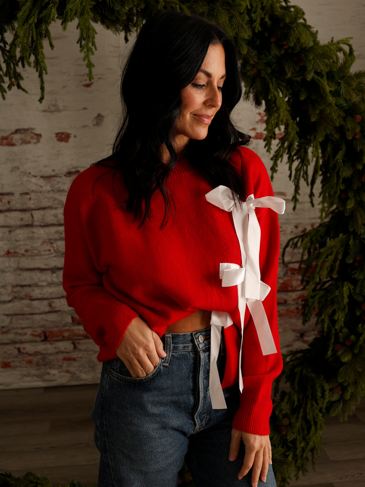 ROBYN RED OVERSIZED SWEATER WITH BOWS