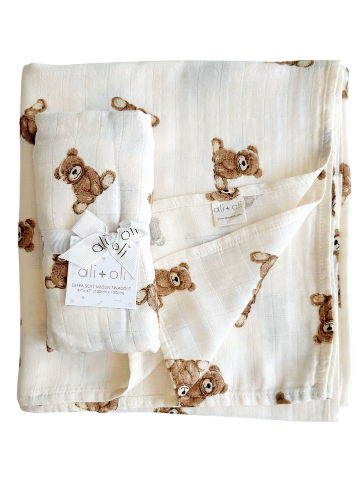 NURSERY BAMBOO MUSLIN SWADDLE BLANKET X TEDDY BEARS