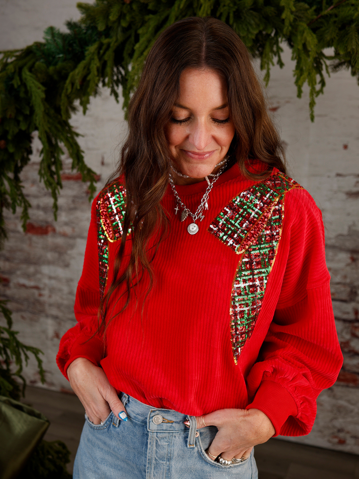 BOW SHOULDER CHRISTMAS PULLOVER X RED