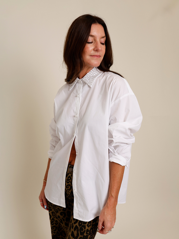 pearl embellished white long sleeve button down shirt