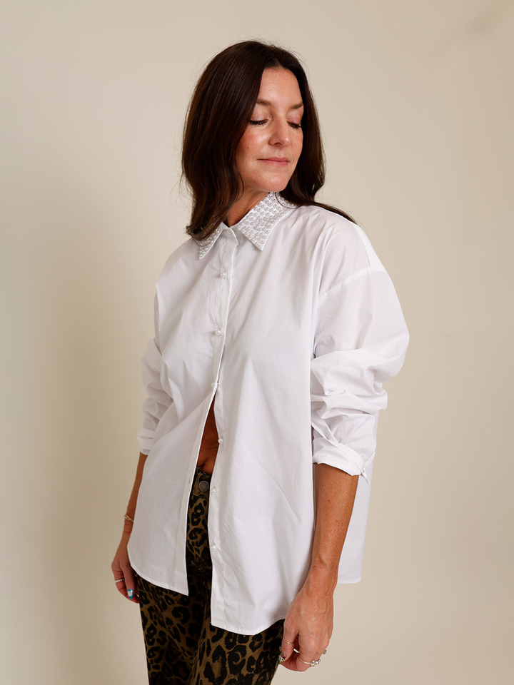 pearl embellished white long sleeve button down shirt