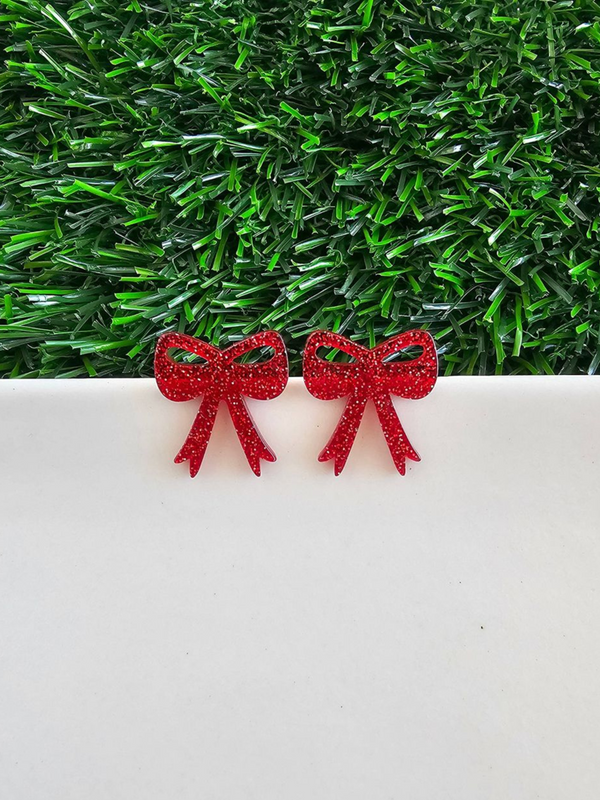 RED GLITTER BOW STUD EARRINGS