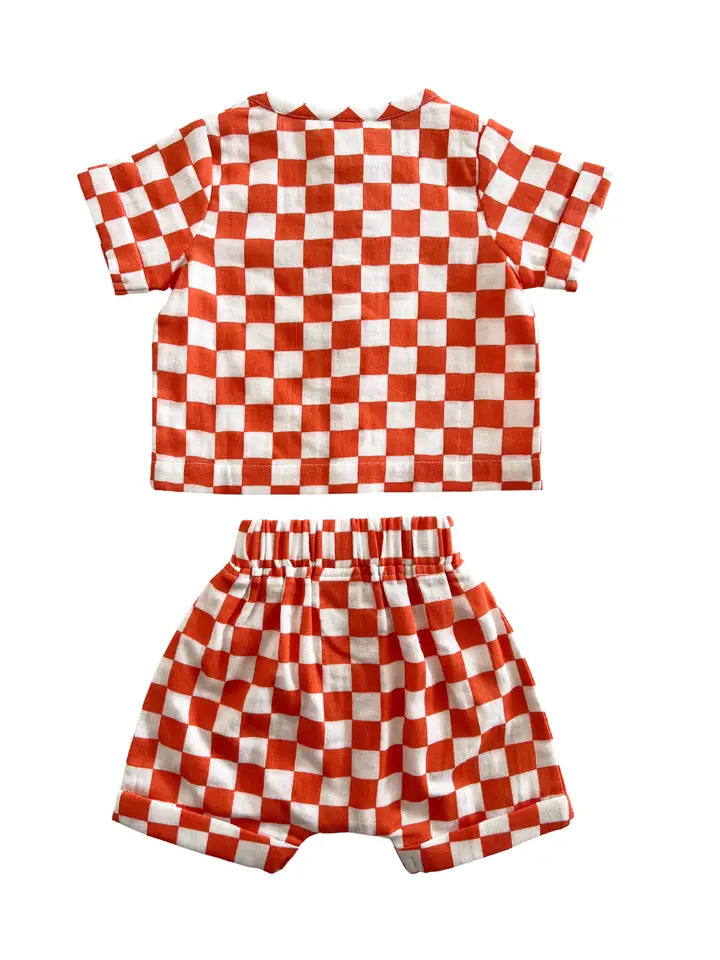 SHORT AND TEE SET IN TANGERINE CHECKERBOARD