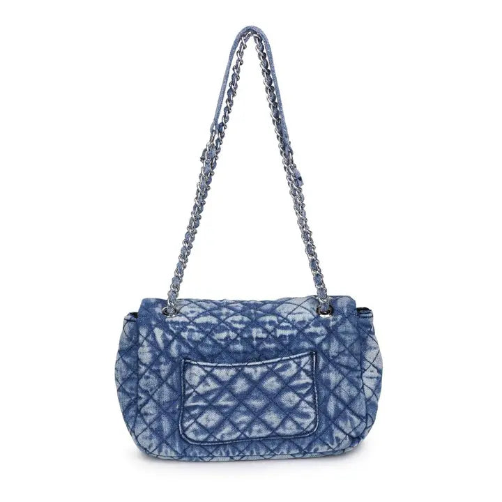 blue denim quilted crossbody chain purse