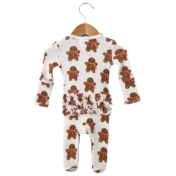 SPEARMINT LOVE ORGANIC WAFFLE GINGERBREAD MAN RUFFLE ZIP FOOTIE