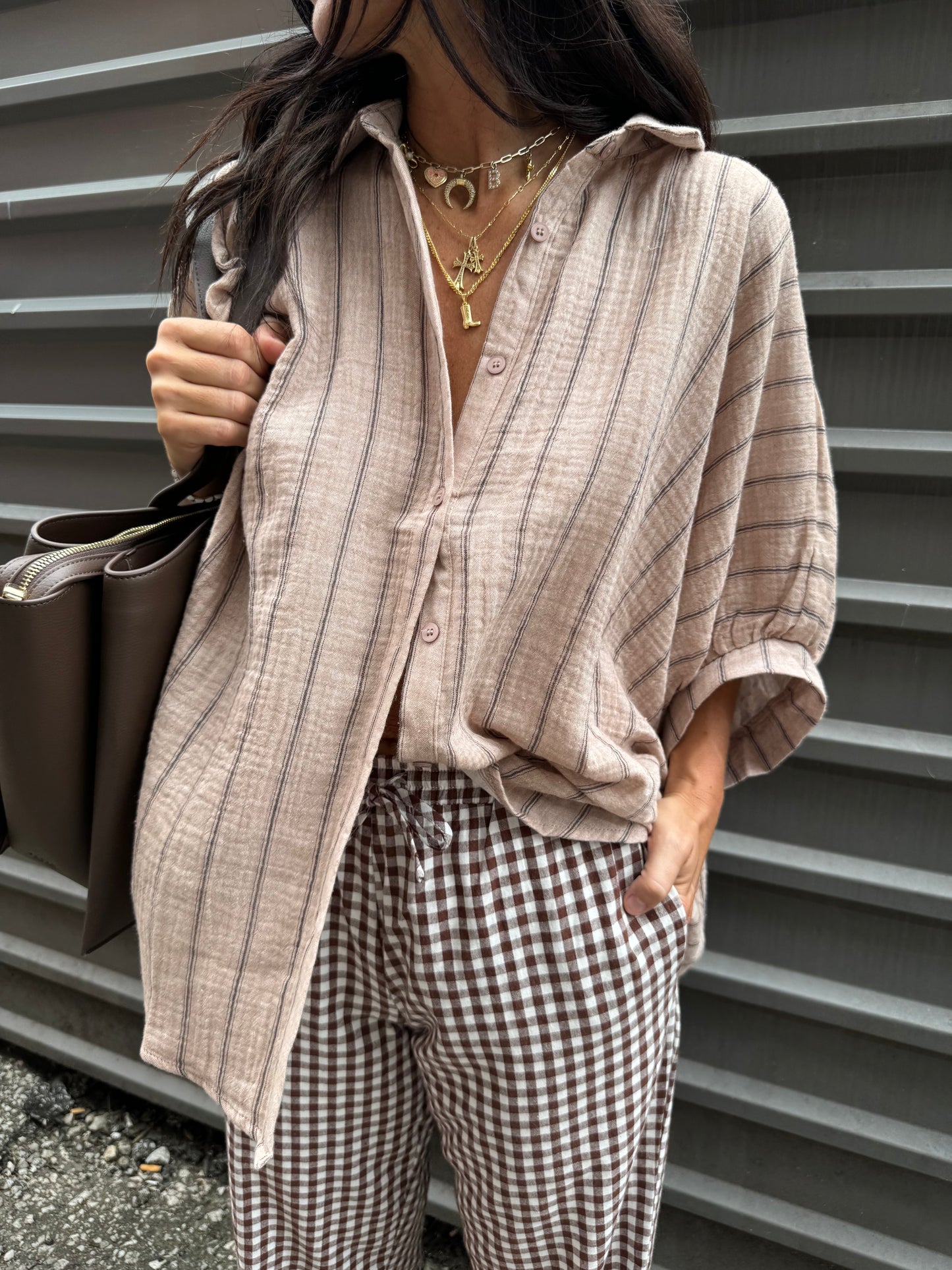 light brown striped mocha button up shirt