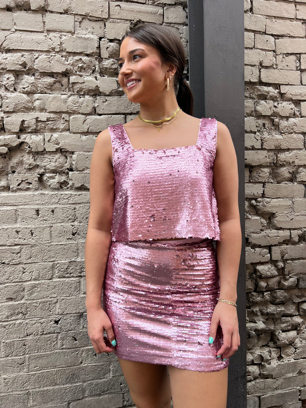 pink sequin matching top and skirt