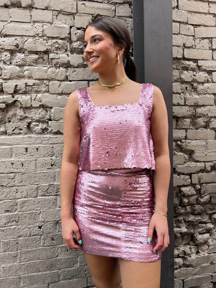 pink sequin matching top and skirt