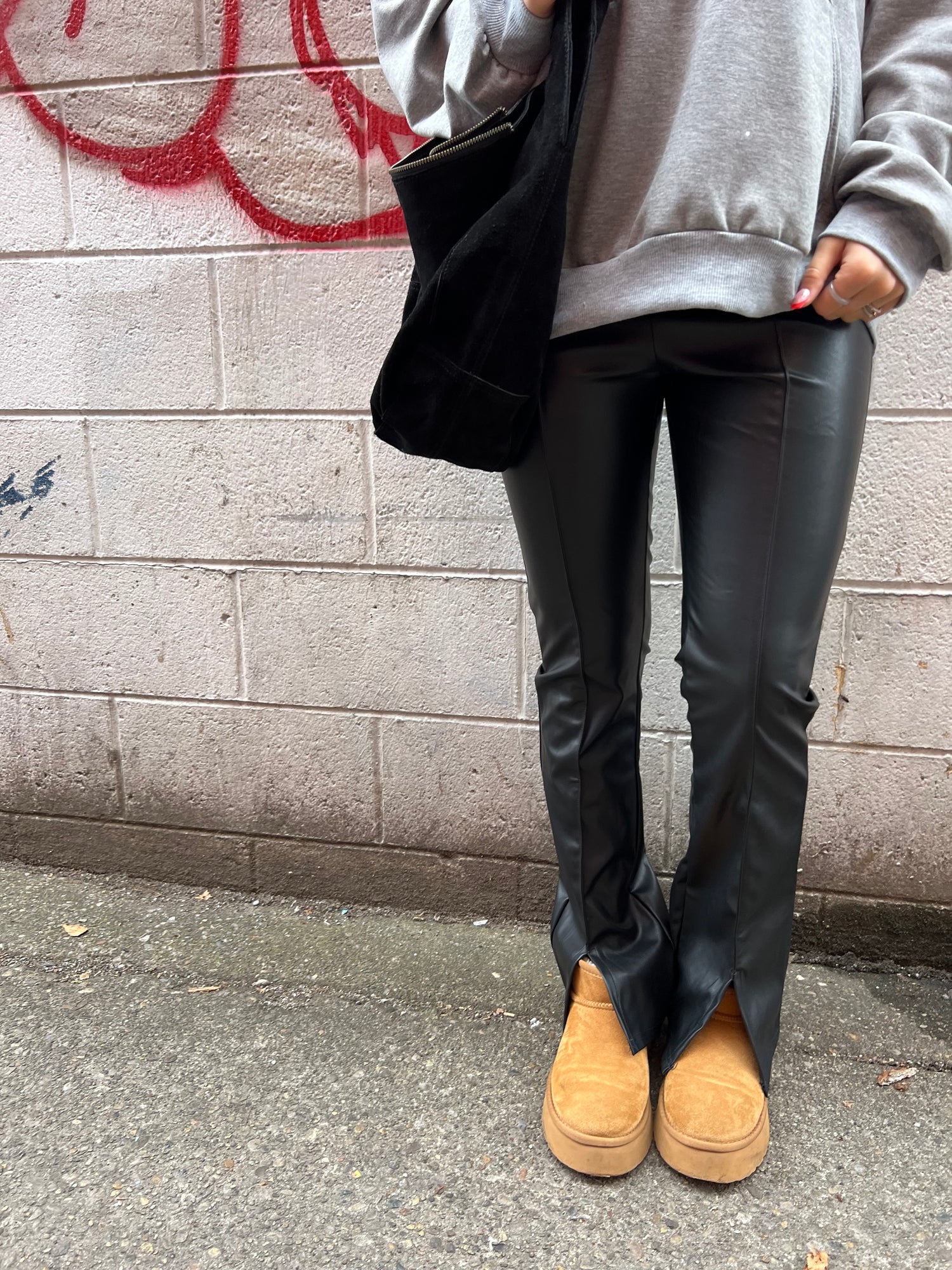black front slit leather pants