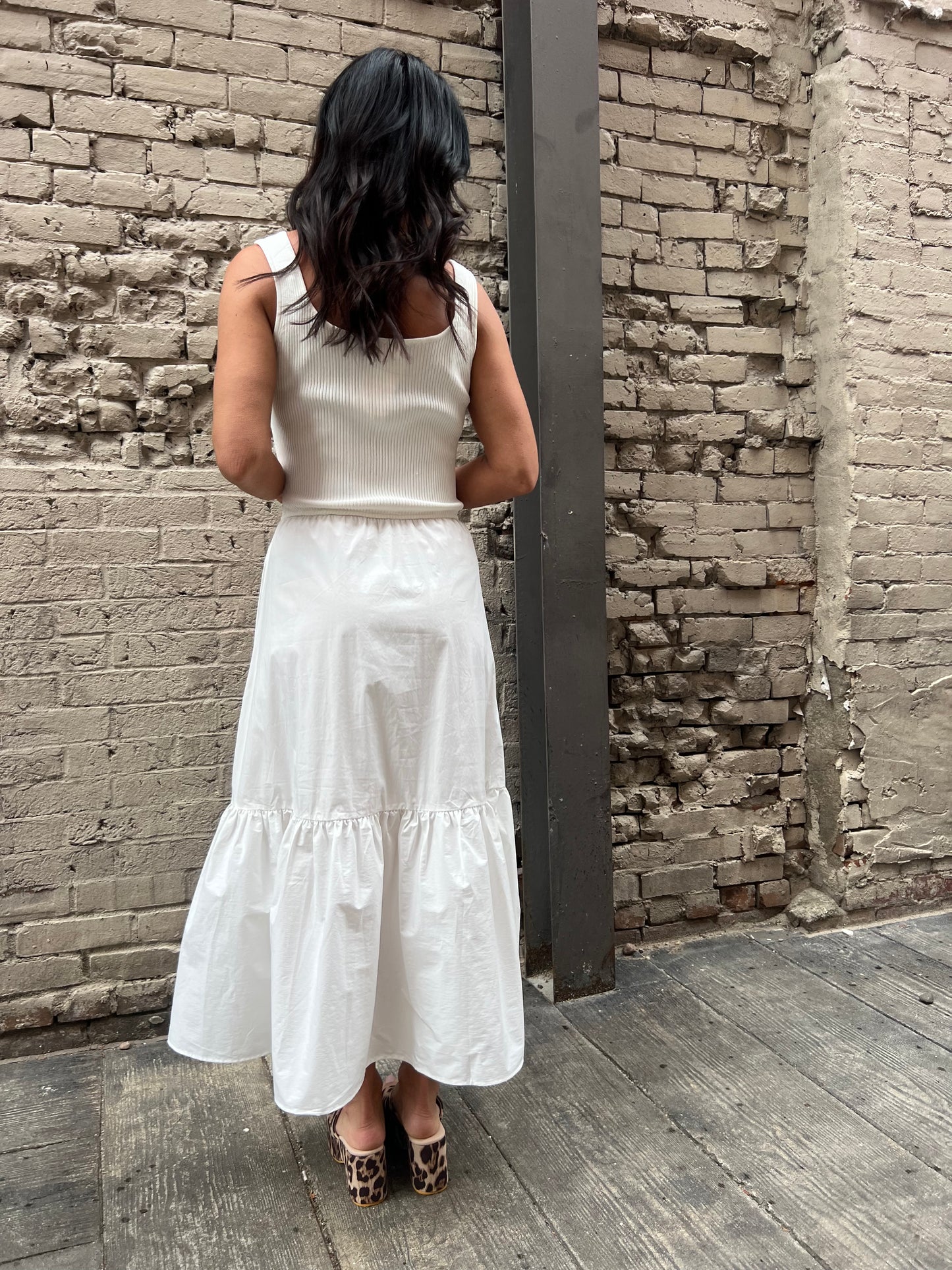 white tiered midi fit and flare dress