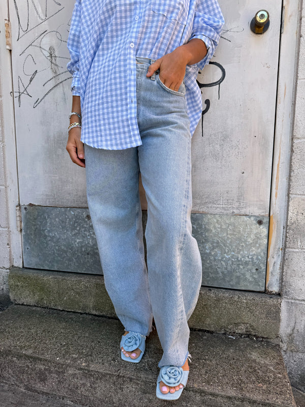 blue gingham print button up shirt