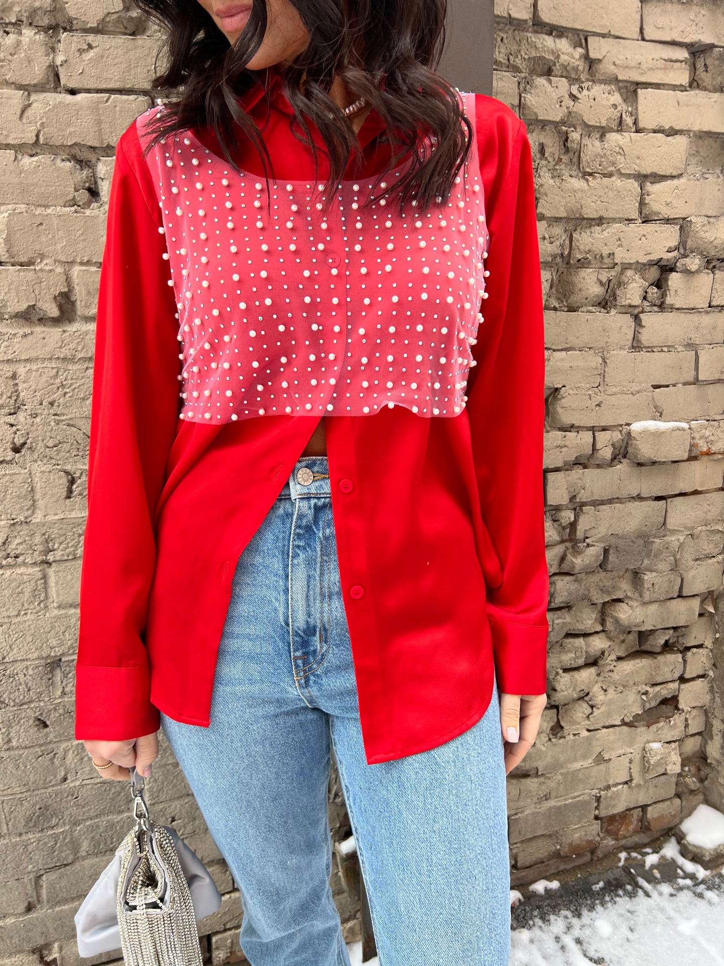 red satin button up blouse