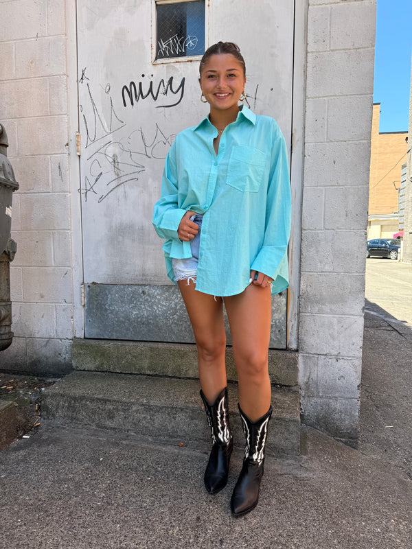 aqua blue oversized button up shirt