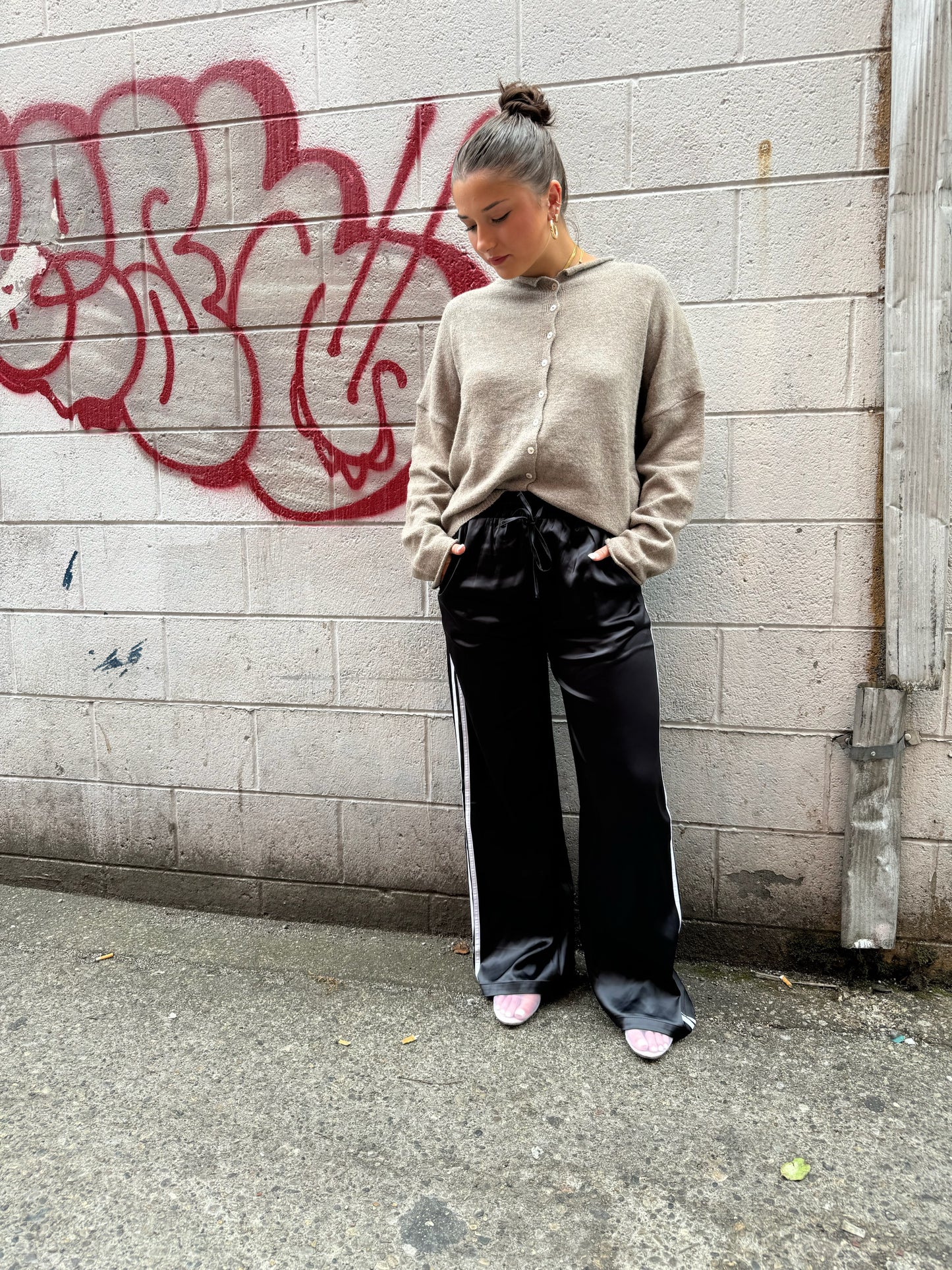 black with white pinstripe trackpants