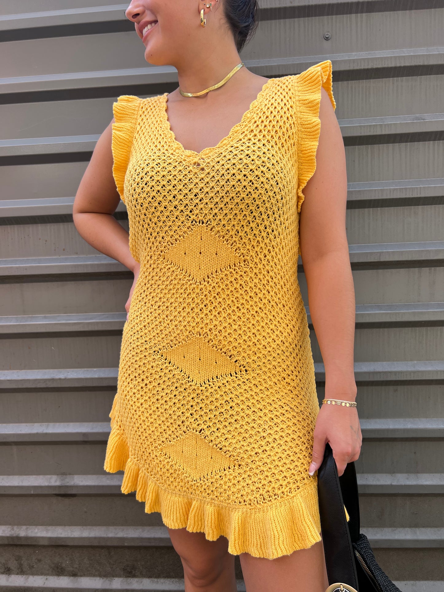 yellow crochet ruffle sleeve cover up dress