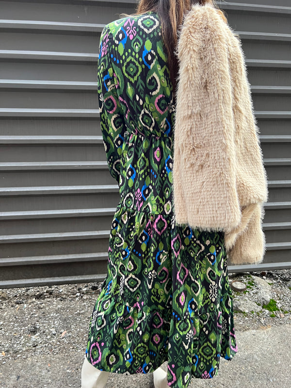 VIBRANT MULTI PRINT LONG SLEEVE FLOWY MIDI - THE HIP EAGLE BOUTIQUE