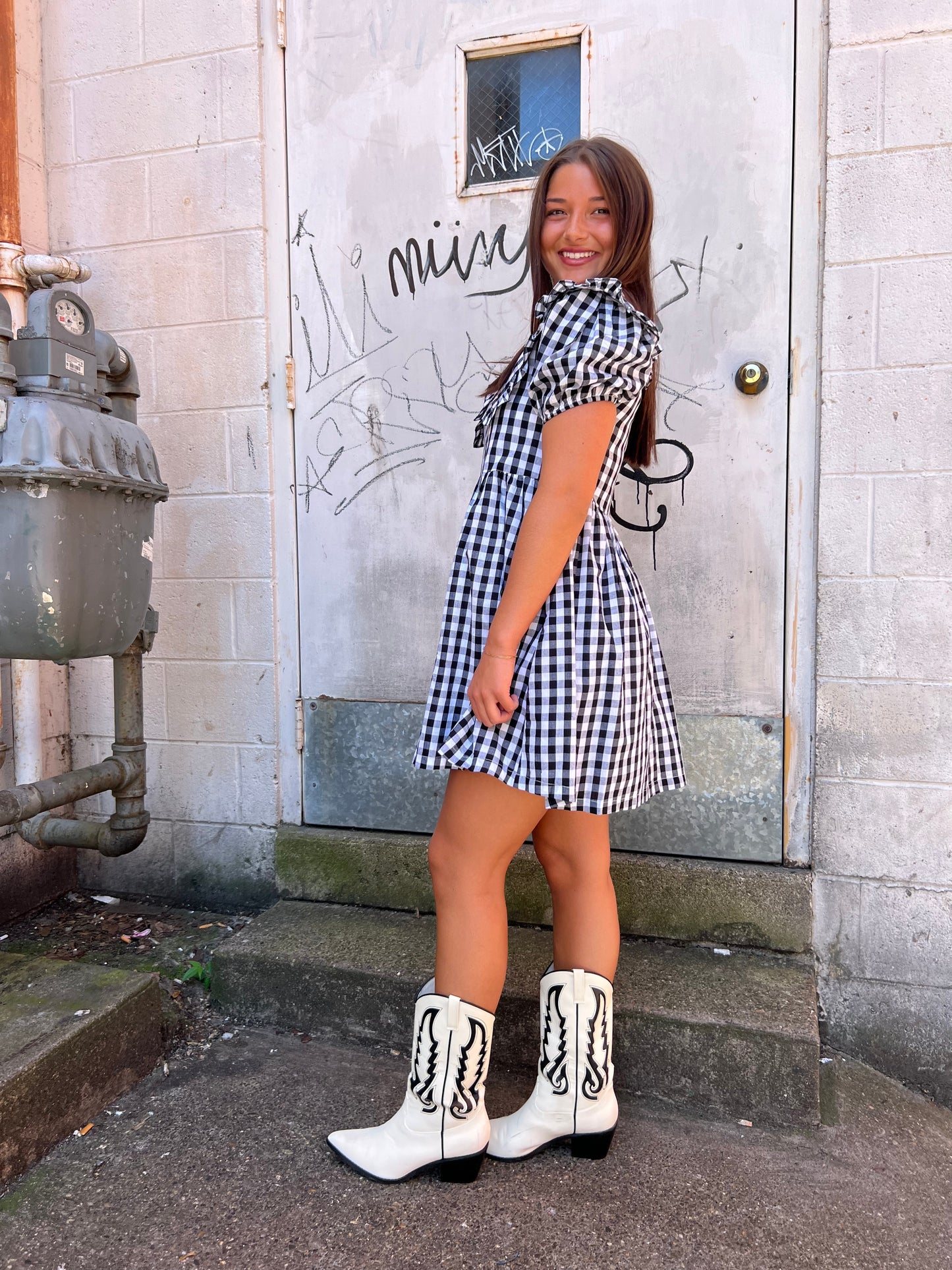 black gingham print mini dress