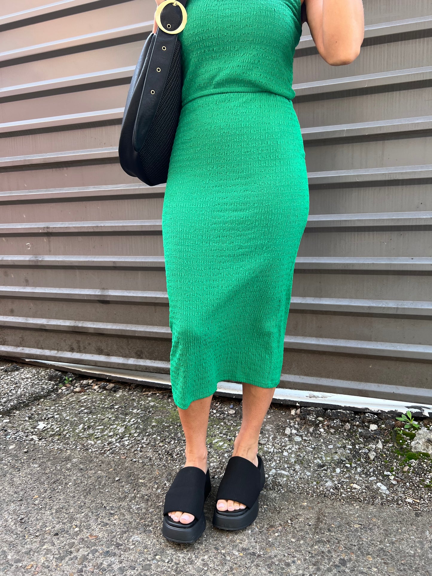 green textured midi skirt