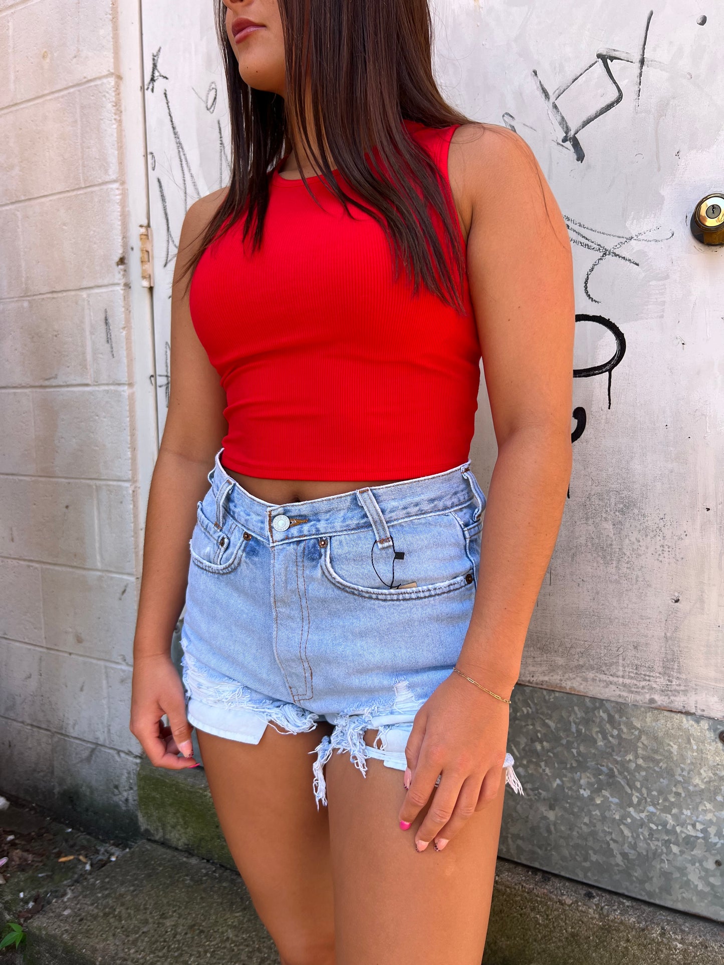 red ribbed tank top