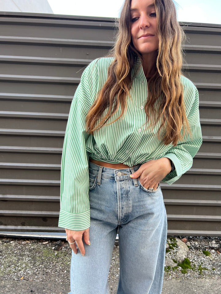 green striped front tie button up shirt