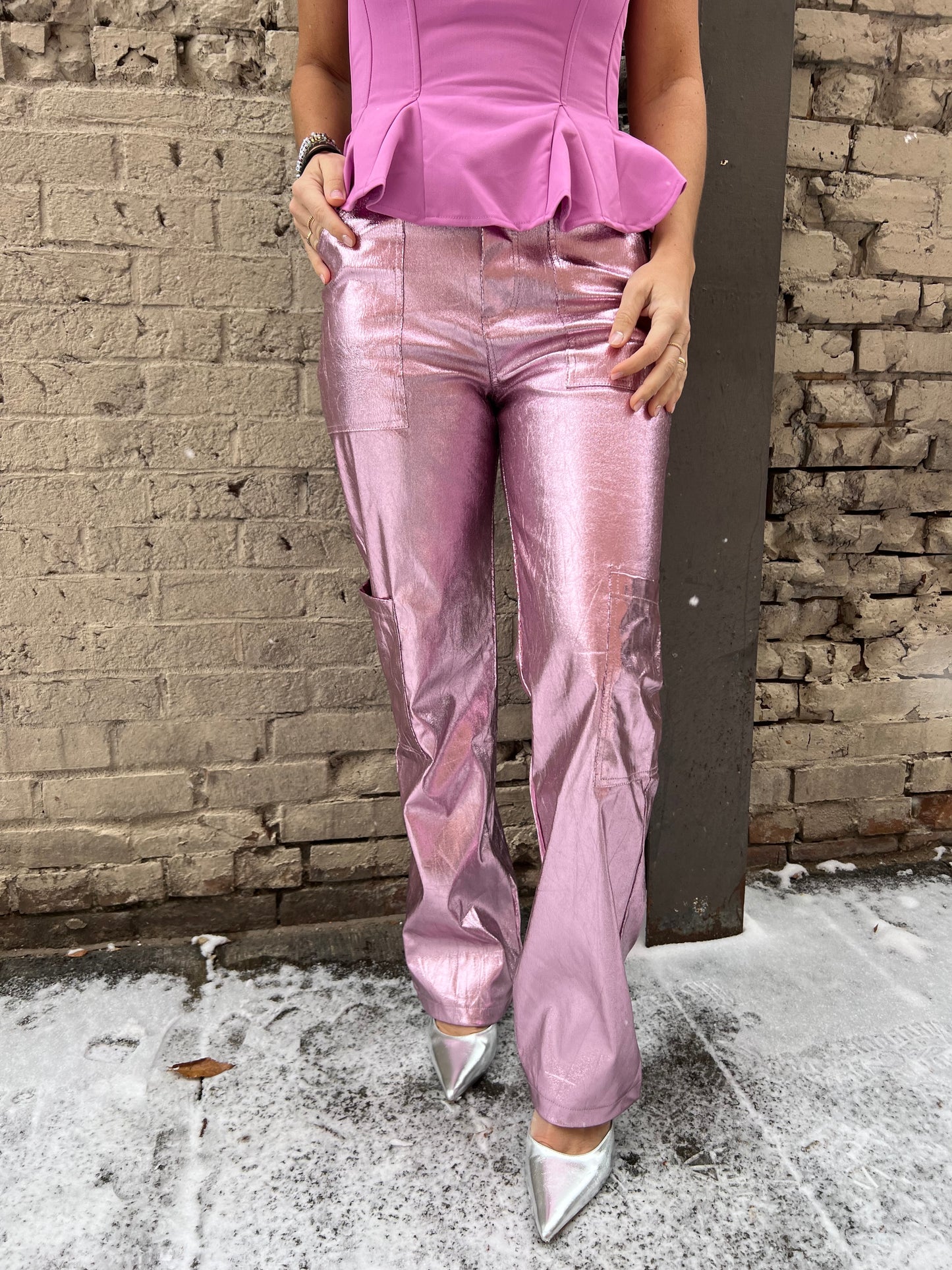 pink metallic pants
