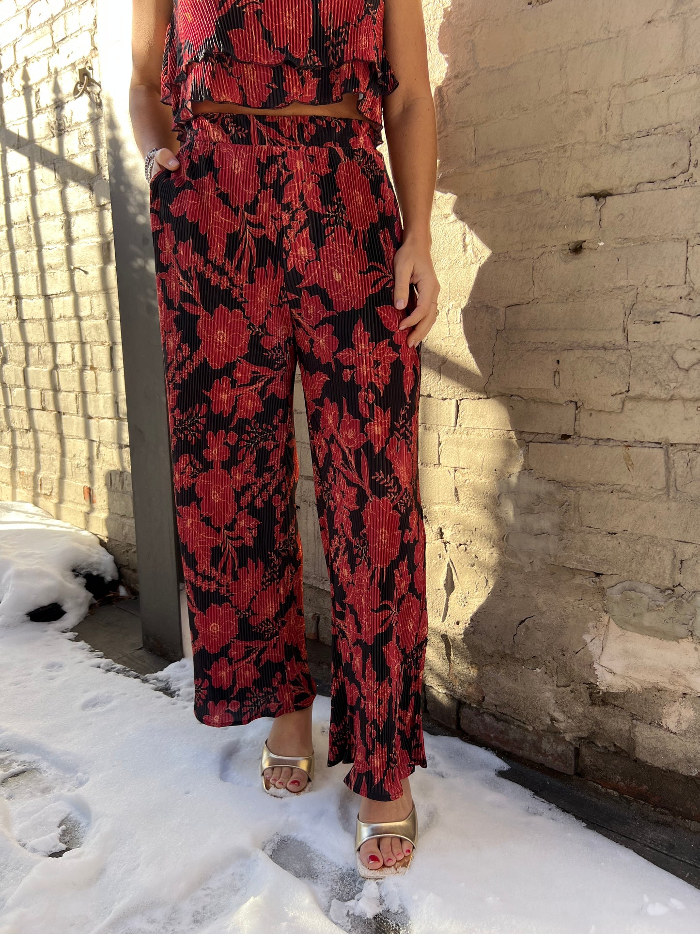 red floral flowy pants