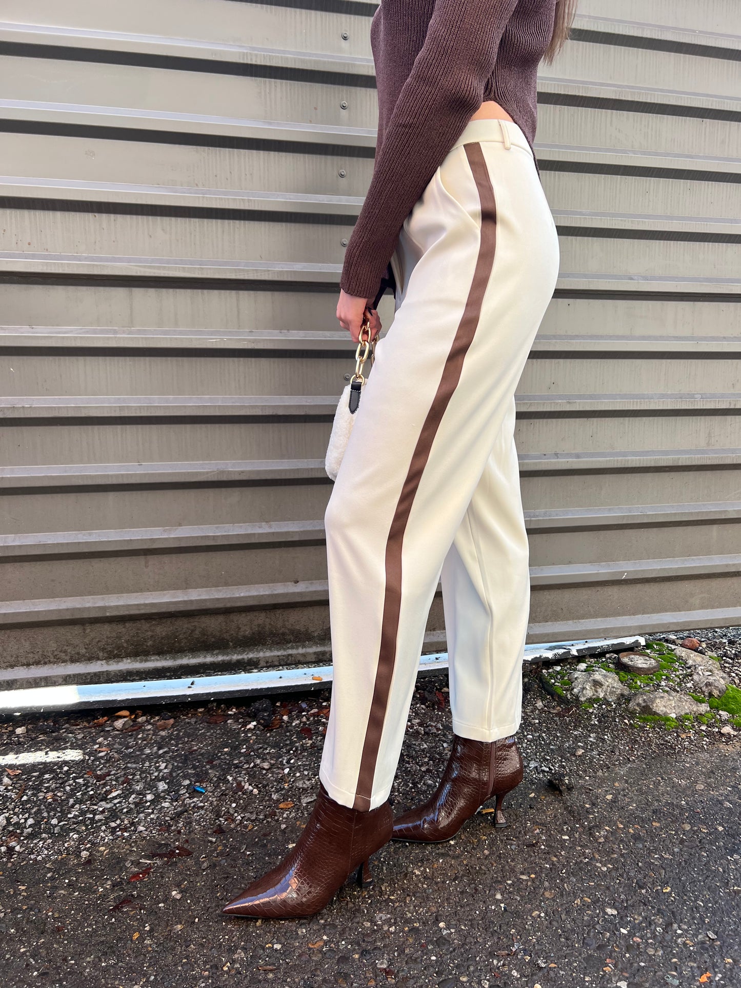 ivory pants with brown stripe
